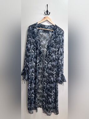 Arula Sheer Black Floral Boho Duster Maxi Kimono Plus Size